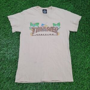 Thrasher Magazine Hawaiian Tiki Logo Skate T-Shirt Mens Small Tan